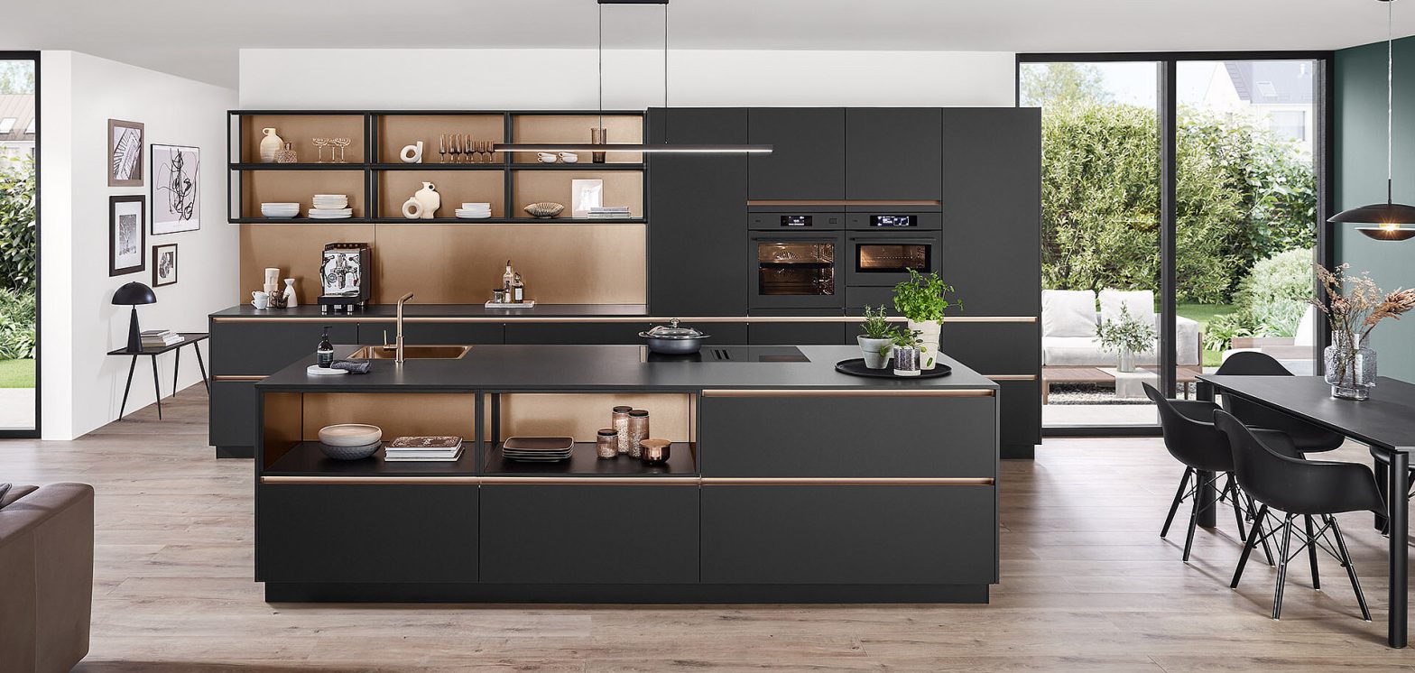 Wood cabinets with modern countertop and island