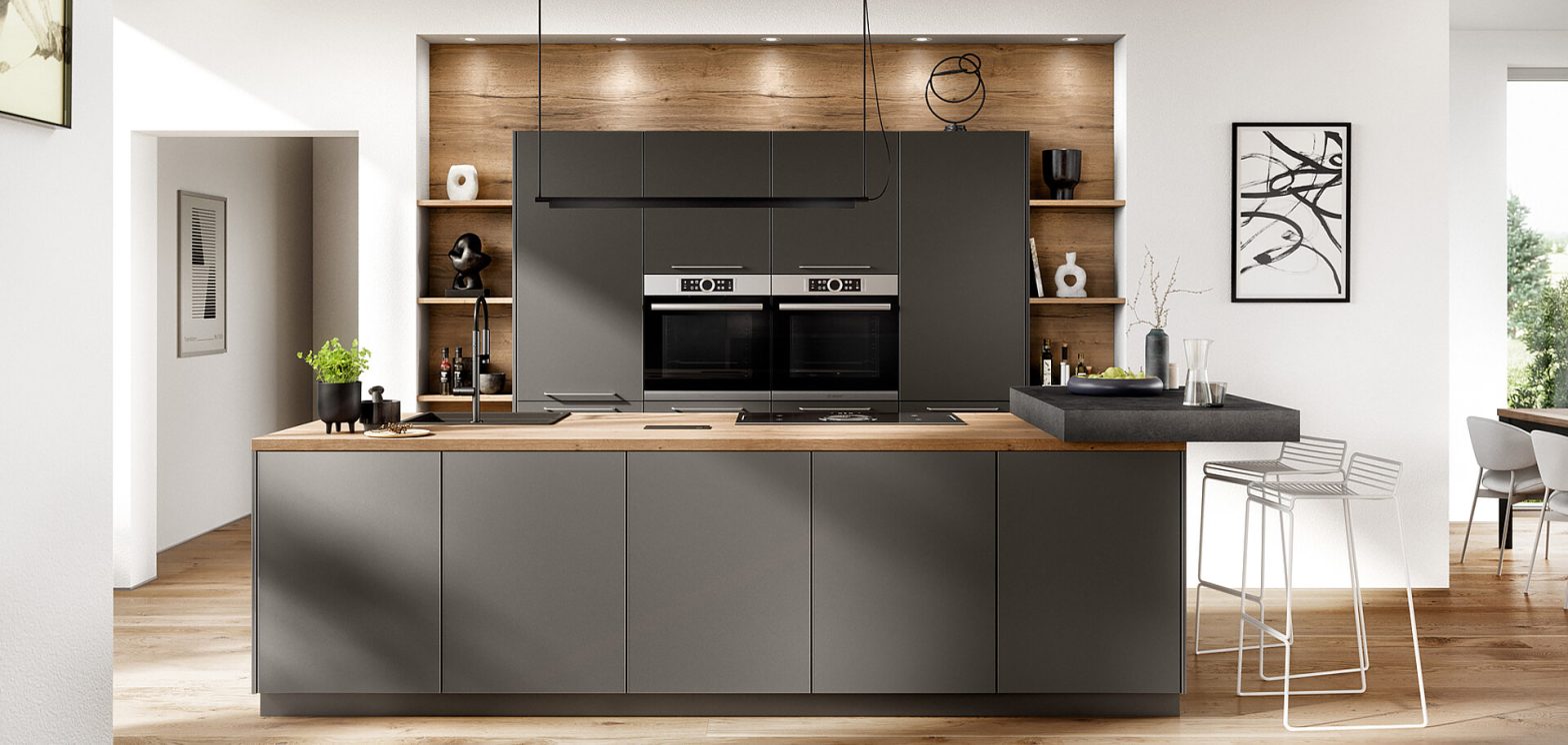 Contemporary wood cabinetry with neutral walls