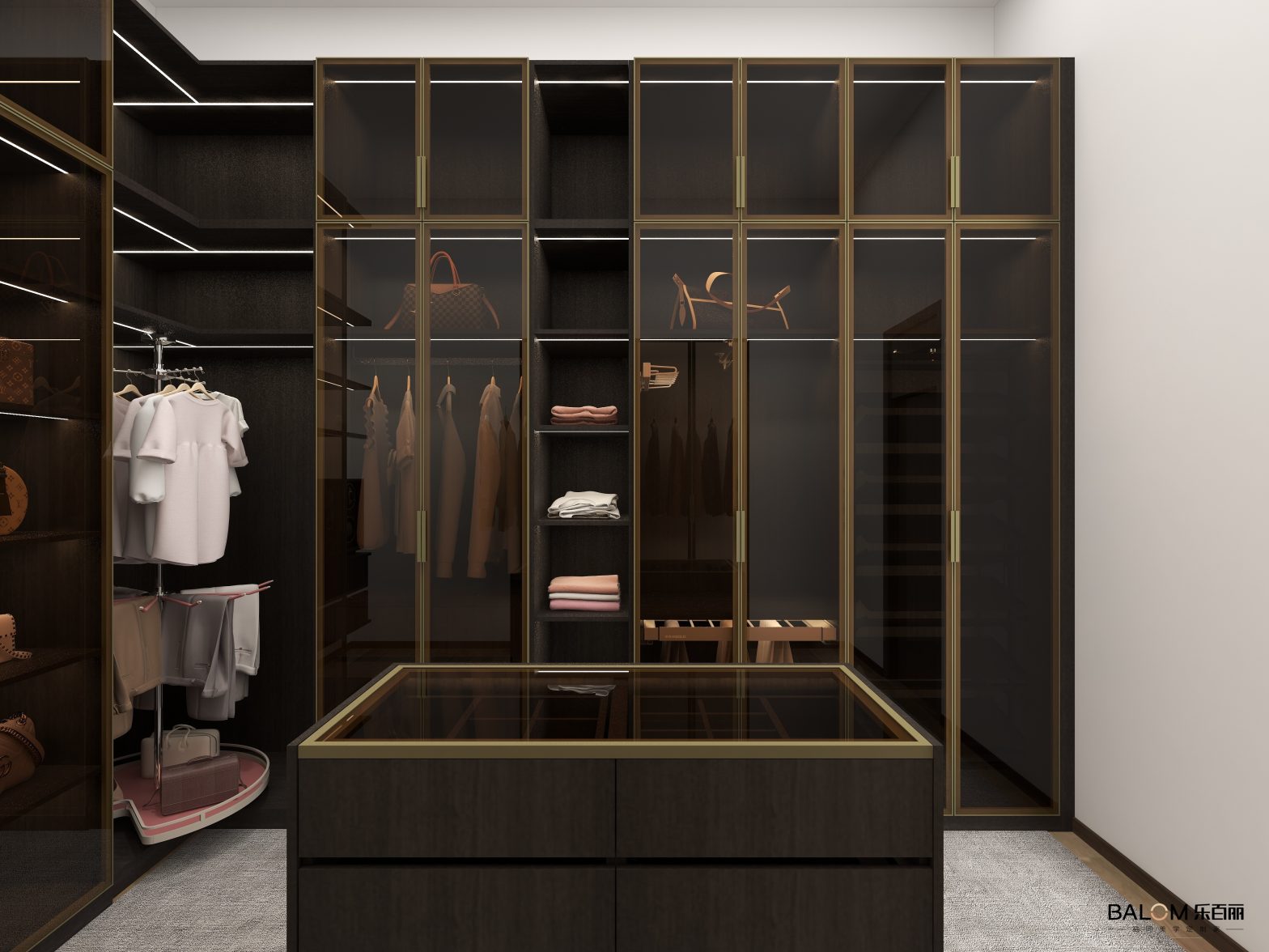 Contemporary bedroom closet with drawer units