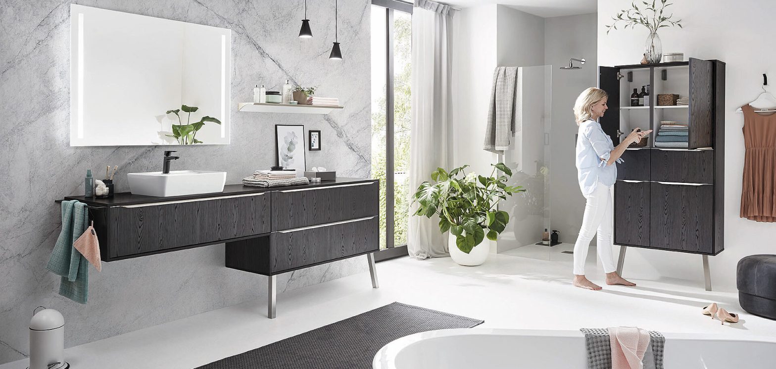 Custom European bathroom storage cabinetry