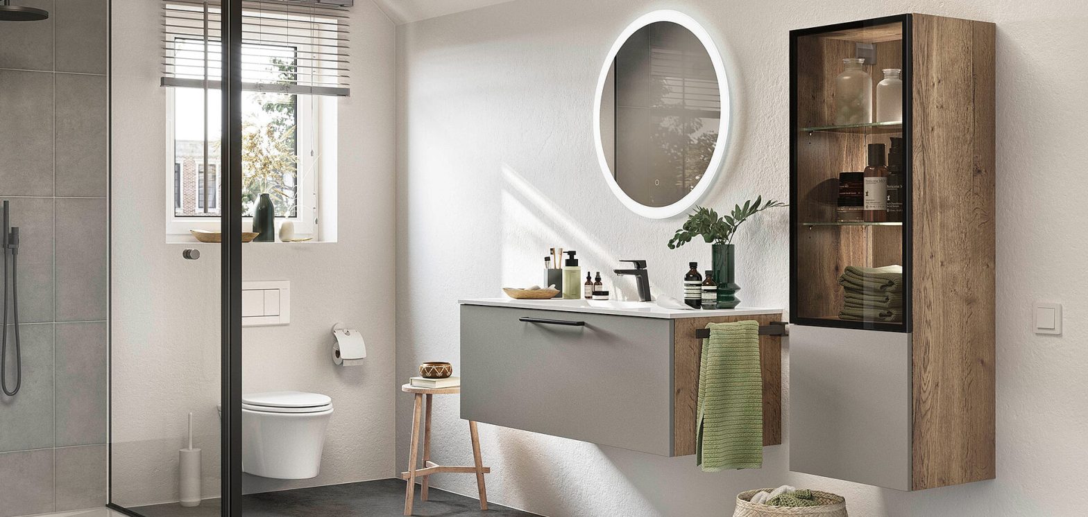 Custom bathroom cabinet beneath countertop sink