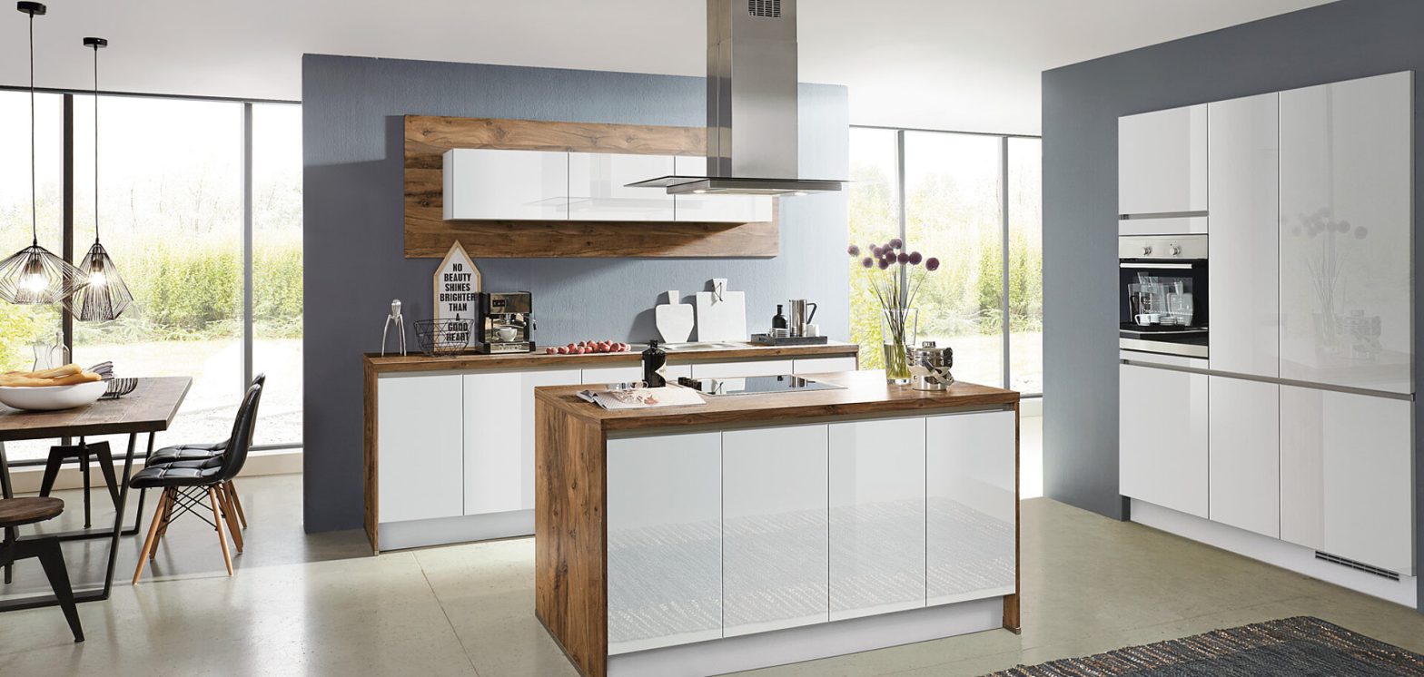 Contemporary kitchen cabinets with tall units