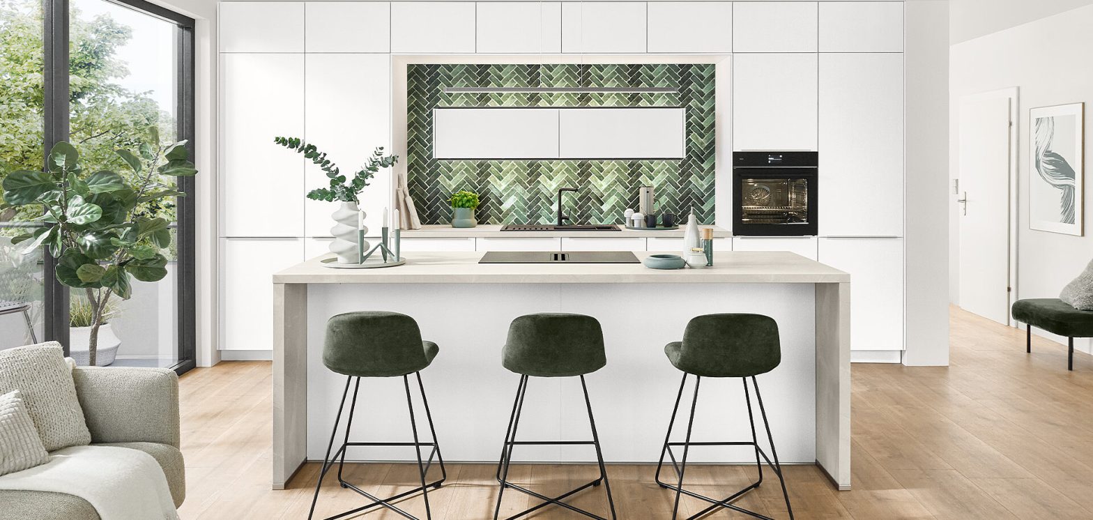 Kitchen cabinets arranged around a cooking area