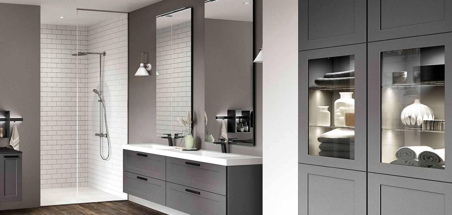 Modern bathroom with elegant design, stylish fixtures, and functional features