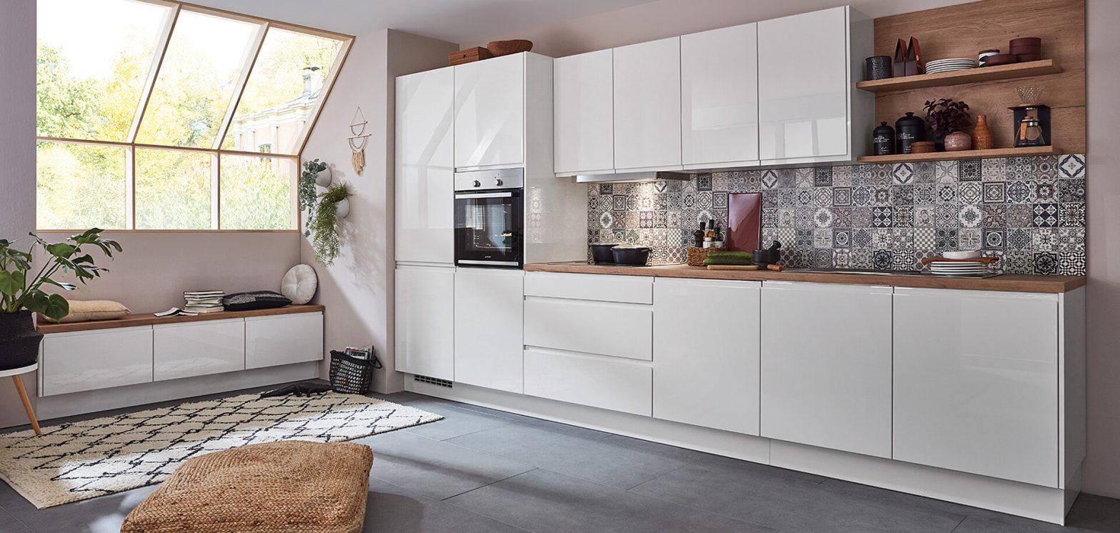 White cabinets with dark countertop accents