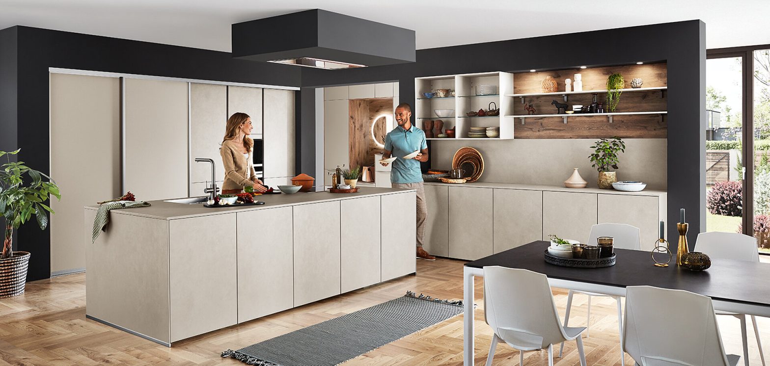 Neutral cabinetry with a large kitchen island