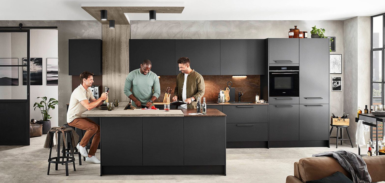 Sleek European kitchen cabinets with island