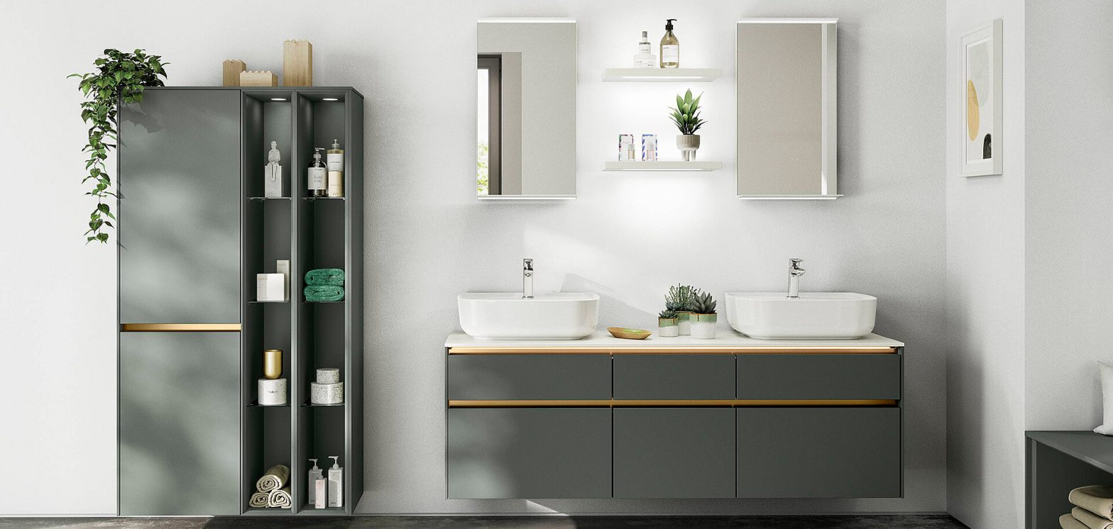 Designer sink vanity with integrated cabinetry