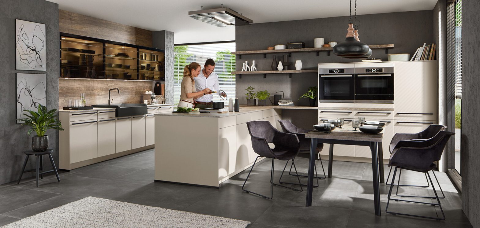 Modern European cabinets with natural wood details